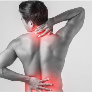 Homme touchant sa nuque et son bas du dos avec zones de douleurs chroniques mises en évidence.
